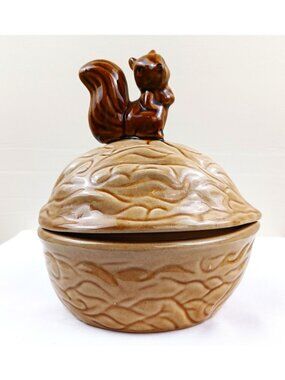 Vintage Ceramic Nut Bowl With Squirrel Lid 7" Tall Brown Glaze Finish Embossed